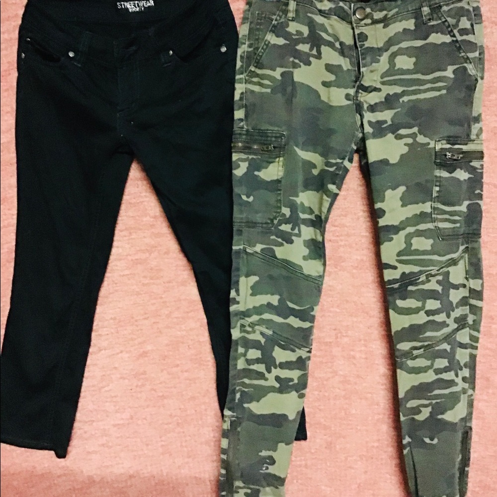 2 very nice pants one black is Capri and one army color Size small
